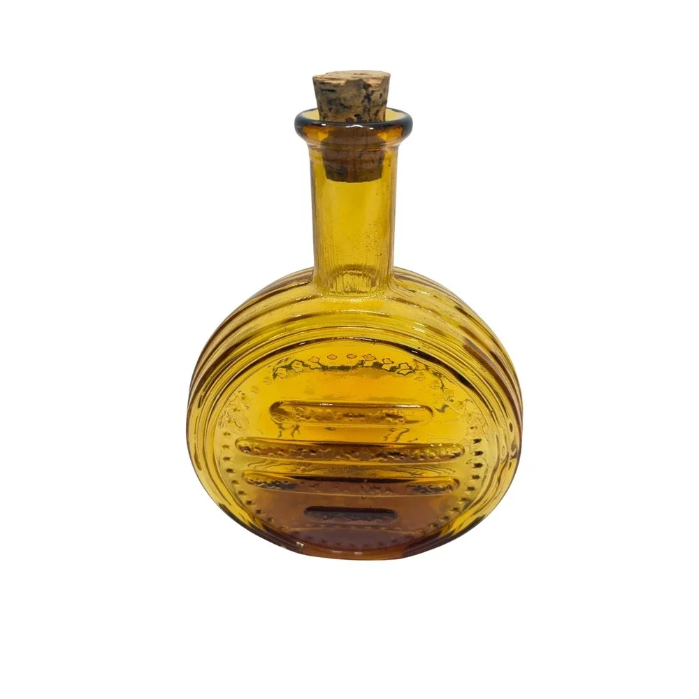 Vintage Amber Glass Bull Decanter Made in Italy Cork Stopper Round Bottle 8.5in